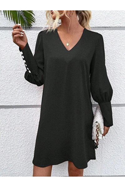 JANES فستان نسائي قصير بأكمام طويلة وياقة على شكل حرف V من الكريب المستورد