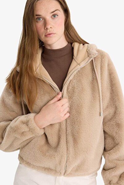 DeFacto Regular Fit Polar Astarlı Kapüşonlu Fermuarlı Suni Kürk F2148AX25WN