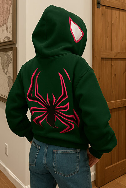 CLASSY.MODA سترة عصرية للجنسين بغطاء للرأس وثلاثة خيوط وجيب كنغر وطباعة عنكبو...