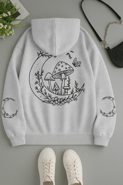 CLASSY.MODA Women's Hooded Kangaroo Pocket Oversized Sweatshirt with Moon Mushroom Flower Print on the Back, Casual Daily Wear
