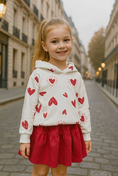 Tiny Girl's Heart Hooded Sweatshirt and Skirt Top and Bottom Set