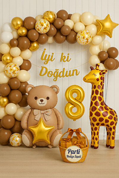 parti hediye sepeti Ayı ve Zürafa Temalı Doğum Günü Parti Seti | Gold Balonla...