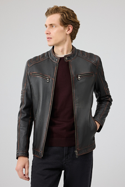 Derimod Leonard Men's Brown Vintage Slim-Fit Leather Jacket 25Wgf6582Vd