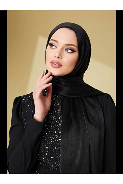 İSTANBULSTYLEMODA Janjan Trend Parlak Saten Dokulu Abiye Şifon Siyah Işıl Şal 185 X 70
