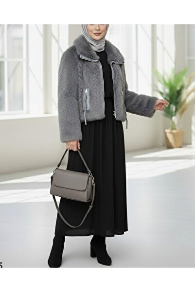 ALPACO Palton de blană cu garnitură din piele, căptușit în interior, cu fermoar și detaliu cu șnur - afumat