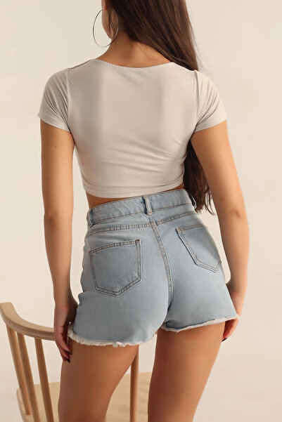 hazelin Γυναικεία πέτρινη μπλούζα με τετράγωνο λαιμόκοψη μπροστά με κορδόνια HZL23S-SND120151