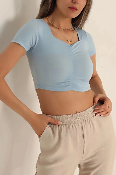 hazelin Bluză crop pentru femei, albastru gheață, cu guler pătrat, cu șnur în față HZL23S-SND120151