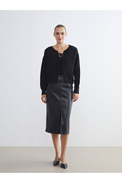 LC Waikiki Γκρι πλεκτή ζακέτα με φιόγκο στο λαιμό