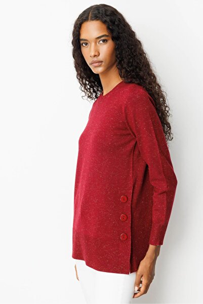 Desen Triko Women's Crew Neck Seamless Side Buttoned Glitter Sweater Cherry