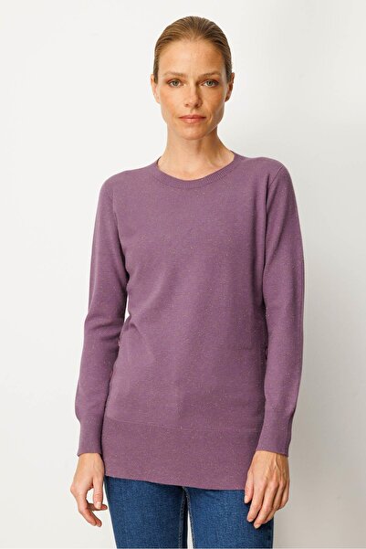 Desen Triko Women's Crew Neck Seamless Side Buttoned Glitter Sweater Purple