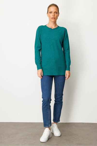 Desen Triko Women's Crew Neck Seamless Side Buttoned Glitter Sweater A.Ö.Başı