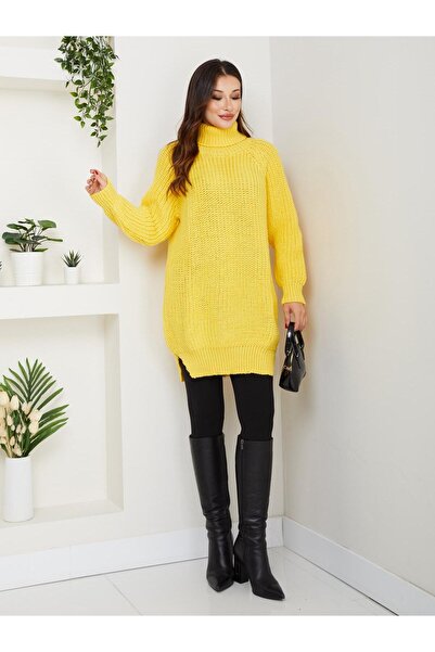 RACE FASHİON Turtleneck Slit Long Knit Sweater Rc8008