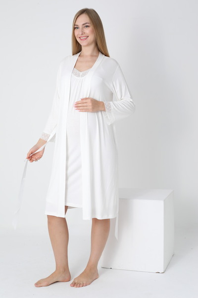 Miss Dünya Lissa Lace Detailed Dressing Gown V-Neck Midi Length Maternity and Postpartum Nightgown Set