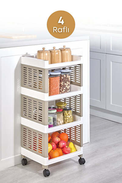 grimorlife 4 Raflı Tekerlekli Plastik Organizer Sepet - Mutfak ve Banyo Düzen...