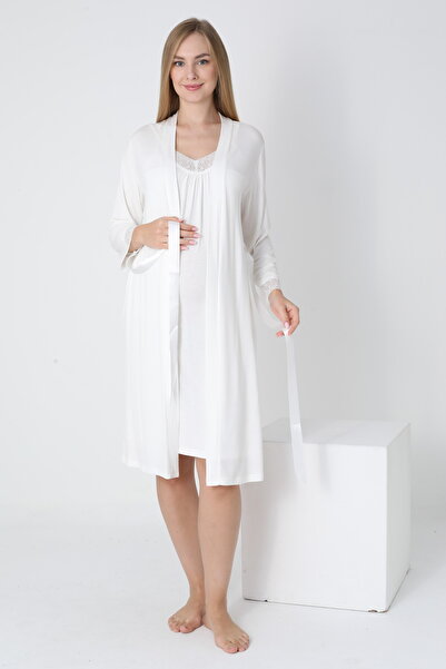 Miss Dünya Lissa Lace Detailed Dressing Gown V-Neck Midi Length Maternity and Postpartum Nightgown Set