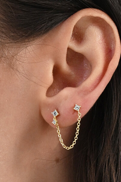 Söğütlü Silver 925 ayar gümüş altın yaldızlı zirkon taşlı çift delikli kullanılabilen gümüş zincir küpe SGTL13073GO