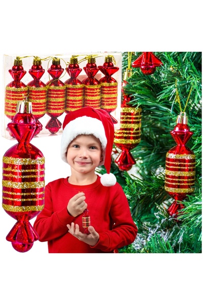 Other Christmas tree balls, 6 pieces, sweet, prl, red, gold, plastic, babka