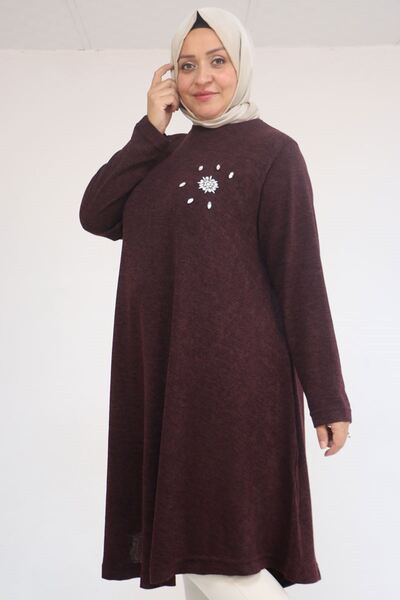 Eslina 58117 Plus Size Stone Detailed Mevlana Mir Tunic - Plum