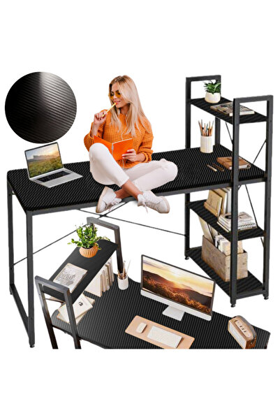 Other Birou de calculator negru, tip loft, cu rafturi metalice, pentru gaming și școală.