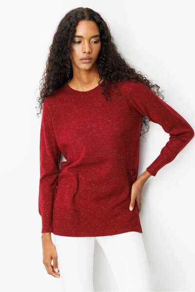 Desen Triko Women's Crew Neck Seamless Side Buttoned Glitter Sweater Cherry