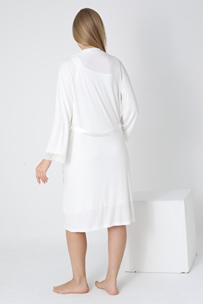 Miss Dünya Lissa Lace Detailed Dressing Gown V-Neck Midi Length Maternity and Postpartum Nightgown Set