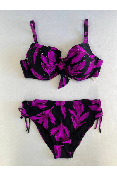 hazelin Women's Black Purple Stone Embroidered Plus Size Bikini Set Hzl25S-Lc3337