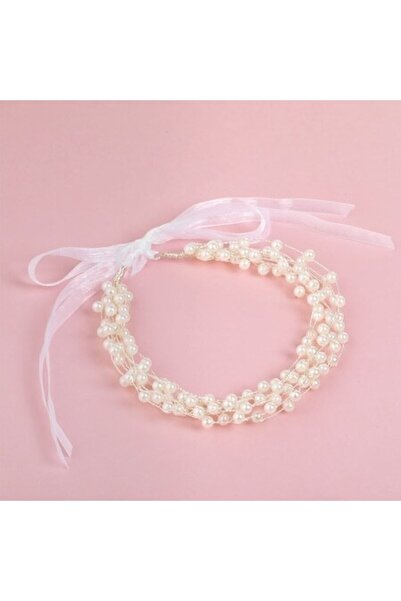 SHOPIENS Coroană de păr de mireasă cu panglică de mărgele albe