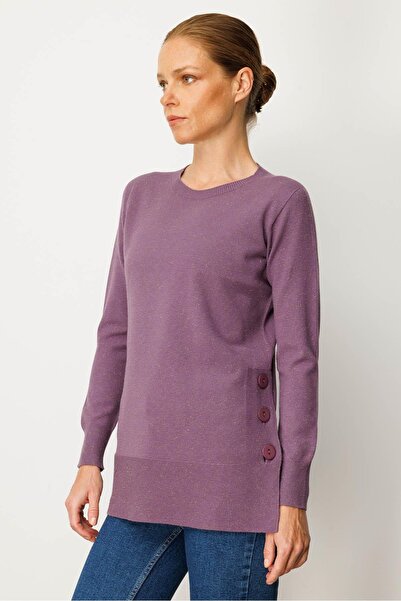 Desen Triko Women's Crew Neck Seamless Side Buttoned Glitter Sweater Purple