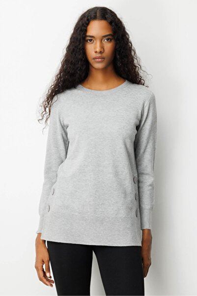 Desen Triko Women's Crew Neck Seamless Side Buttoned Glitter Blouse Gray