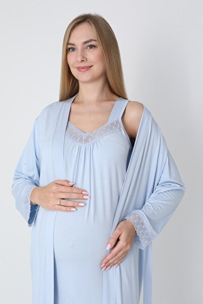 Miss Dünya Lissa Lace Detailed Dressing Gown V-Neck Midi Length Maternity and Postpartum Nightgown Set