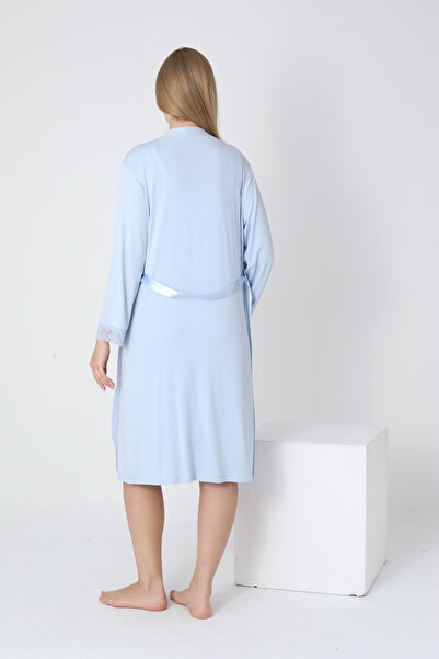 Miss Dünya Lissa Lace Detailed Dressing Gown V-Neck Midi Length Maternity and Postpartum Nightgown Set