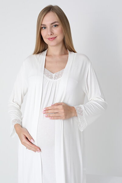 Miss Dünya Lissa Lace Detailed Dressing Gown V-Neck Midi Length Maternity and Postpartum Nightgown Set