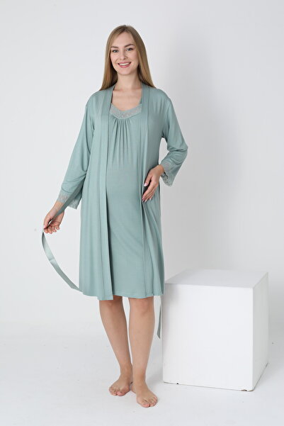 Miss Dünya Lissa Dantel Detaylı Sabahlıklı V Yaka Midi Boy Hamile ve Lohusa Gecelik Takımı