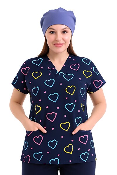 Bilenn Tekstil Bat Sleeve Patterned Single Top - 5029 Navy Blue Heart