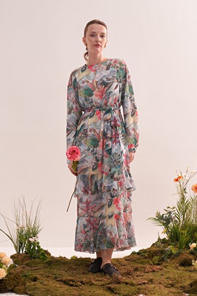 EBU Prive Women's Chiffon Ruffle Dress Tropical Floral Pattern Blue