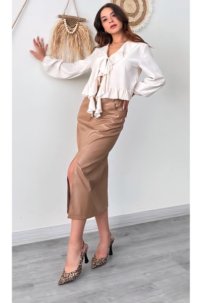 Şamdan Slit Faux Leather Skirt
