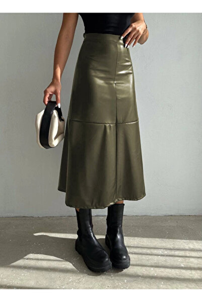 hazelin Жіноча хакі спідниця середньої довжини на блискавці зі штучної шкіри HZL25W-FRY121651