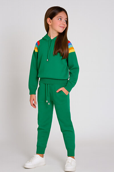 Minora Knitwear Unisex Hooded Stripe Detailed Set Green