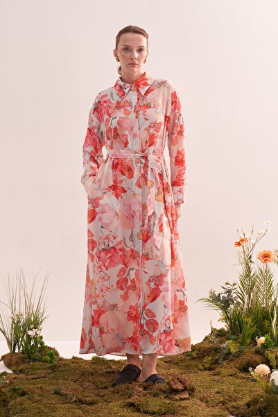 EBU Prive Women's Patterned Oversize Shirt Dress Pink Floral Pattern