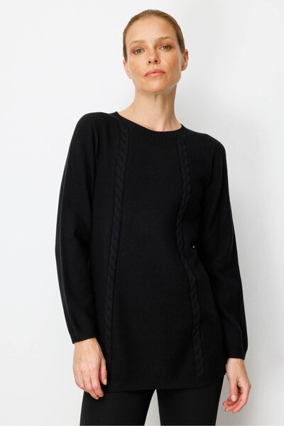 Desen Triko Women's Knitwear Side Slit Rice Knit Sweater Black