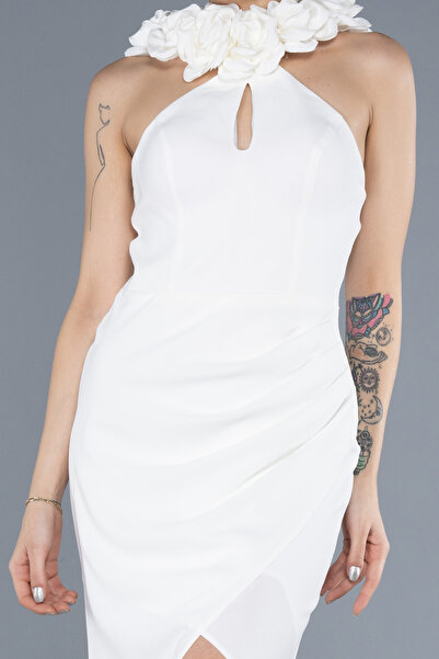 Abiyefon Ekru Güllü Halter Yaka Bacak Dekolteli Uzun Abiye ABU4610