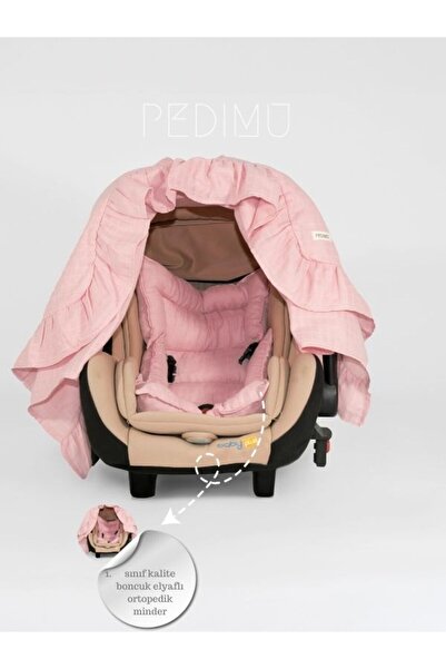 Pedimu Muslin Dusty Rose Color Ruffle Detailed Stroller Cover and Stroller Cushion Set