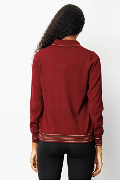 Desen Triko Women's Polo Neck Glitter Striped Wool Blouse Burgundy