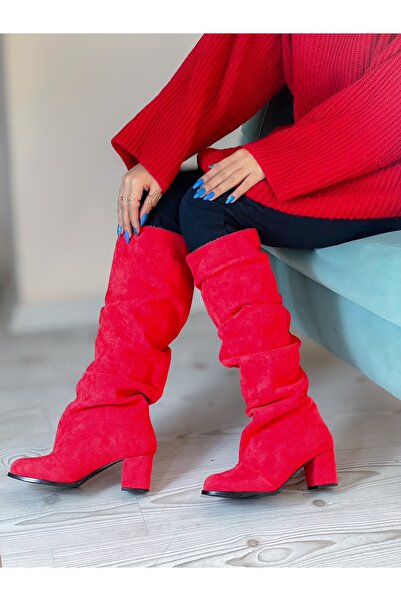 BERFONA Pusi Red Suede 5 cm Heel Rubberized Ankle Boots