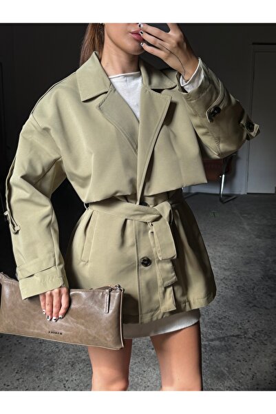 Gallogi Rüzgarlık Detaylı, Beli Kuşaklı Astarlı Trençkot