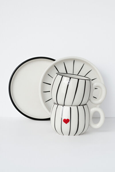 Generic Brand 2-Piece Heart Patterned Striped Ceramic Turkish Coffee Set, Mug, Turkish Coffee Cup, Cup, Mug
