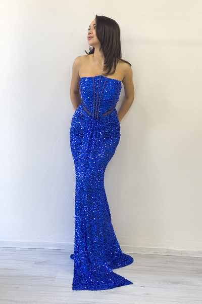 the ZKS Strapless Sequin Waist Low-Cut Evening Dress Silver, Saks, Gold, Powder, Navy Blue, Black, Baby Blue