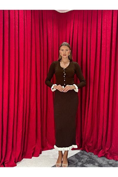 Neva Wear Ruffle Detailed Women's Knitwear Set – Buttoned Top and Maxi Skirt