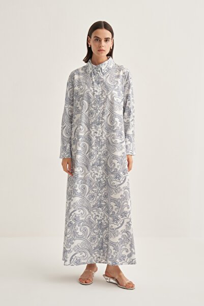 EBU Prive Women's Poplin Shirt Dress Paisley Pattern Navy Blue