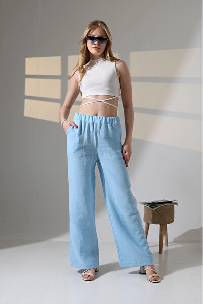 hazelin Women's Blue Elastic Waist Muslin Fabric Wide Leg Pants Hzl25S-Dsb12221